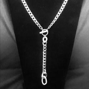 Silver Lariat Necklace with Rhinestone Accents